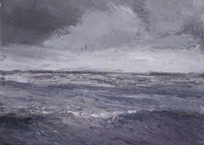 Atmospheric painting of a stormy sea in gale force winds by artist Andrew Cheetham