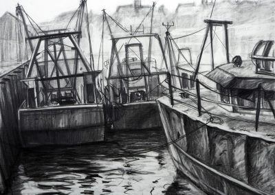 Drawing of fishing boats in Scarborough Harbour by artist Andrew Cheetham