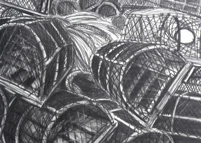 Drawing of lobster pots in Scarborough by artist Andrew Cheetham