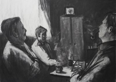 drawing of Sacked Liverpool dockers having a cup of tea in a pub in Liverpool by artist Andrew Cheetham