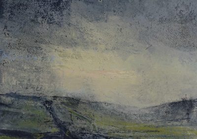 Atmospheric Oil and cold wax painting of the Northern moors by artist Andrew Cheetham